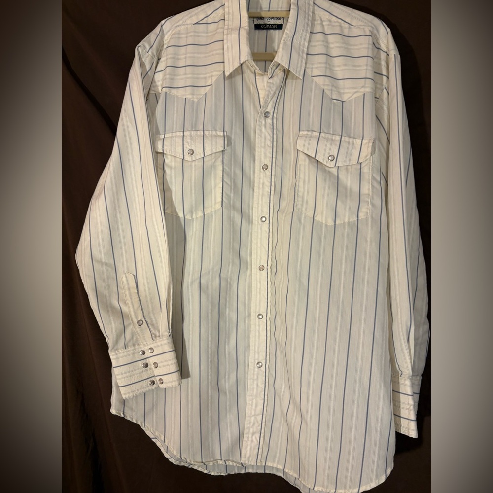 Karma Men's White and Blue Striped Casual Shirt w/ Pearl Snap Buttons Size Large
